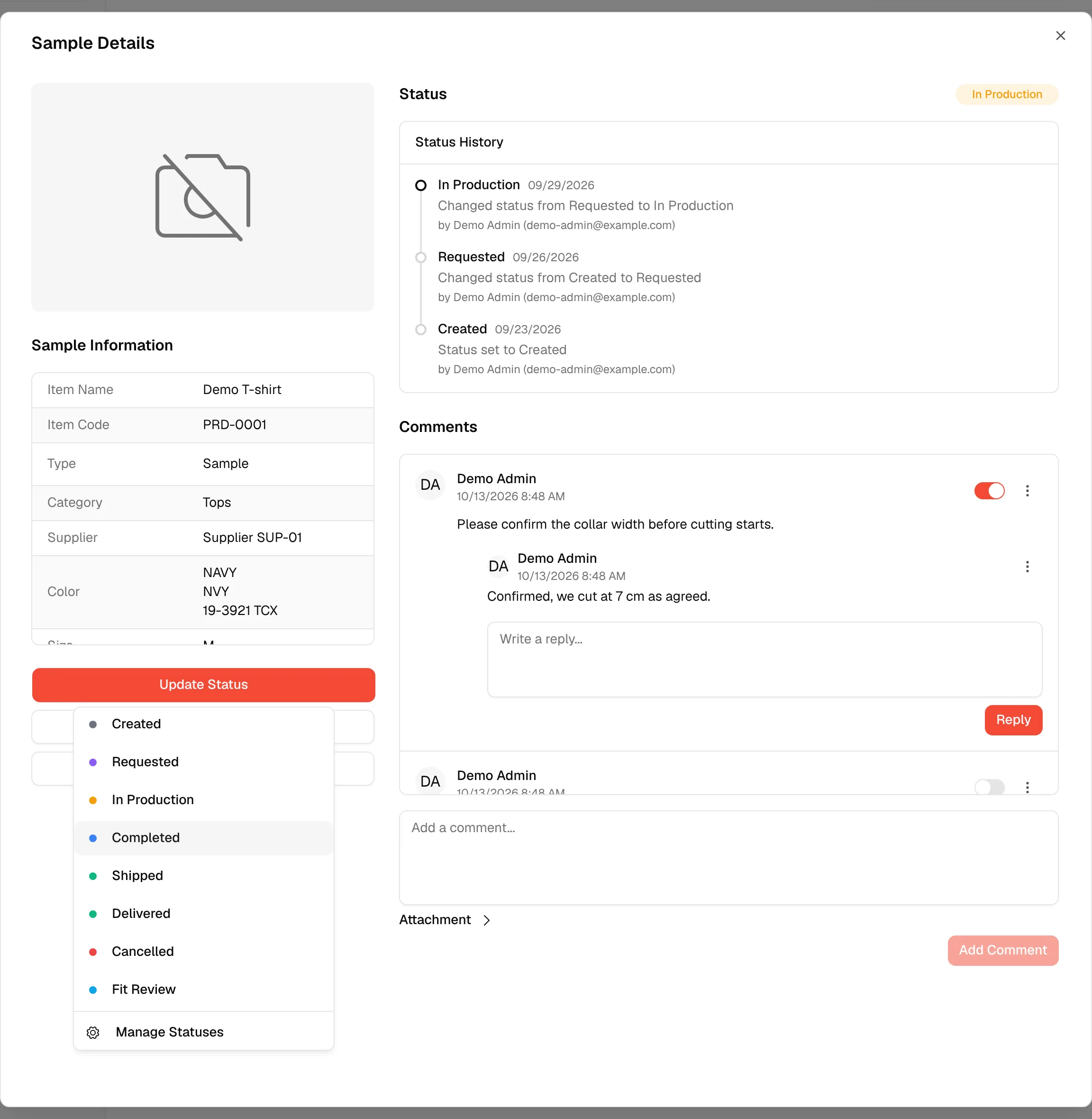 The status list with Completed highlighted, ready to be clicked