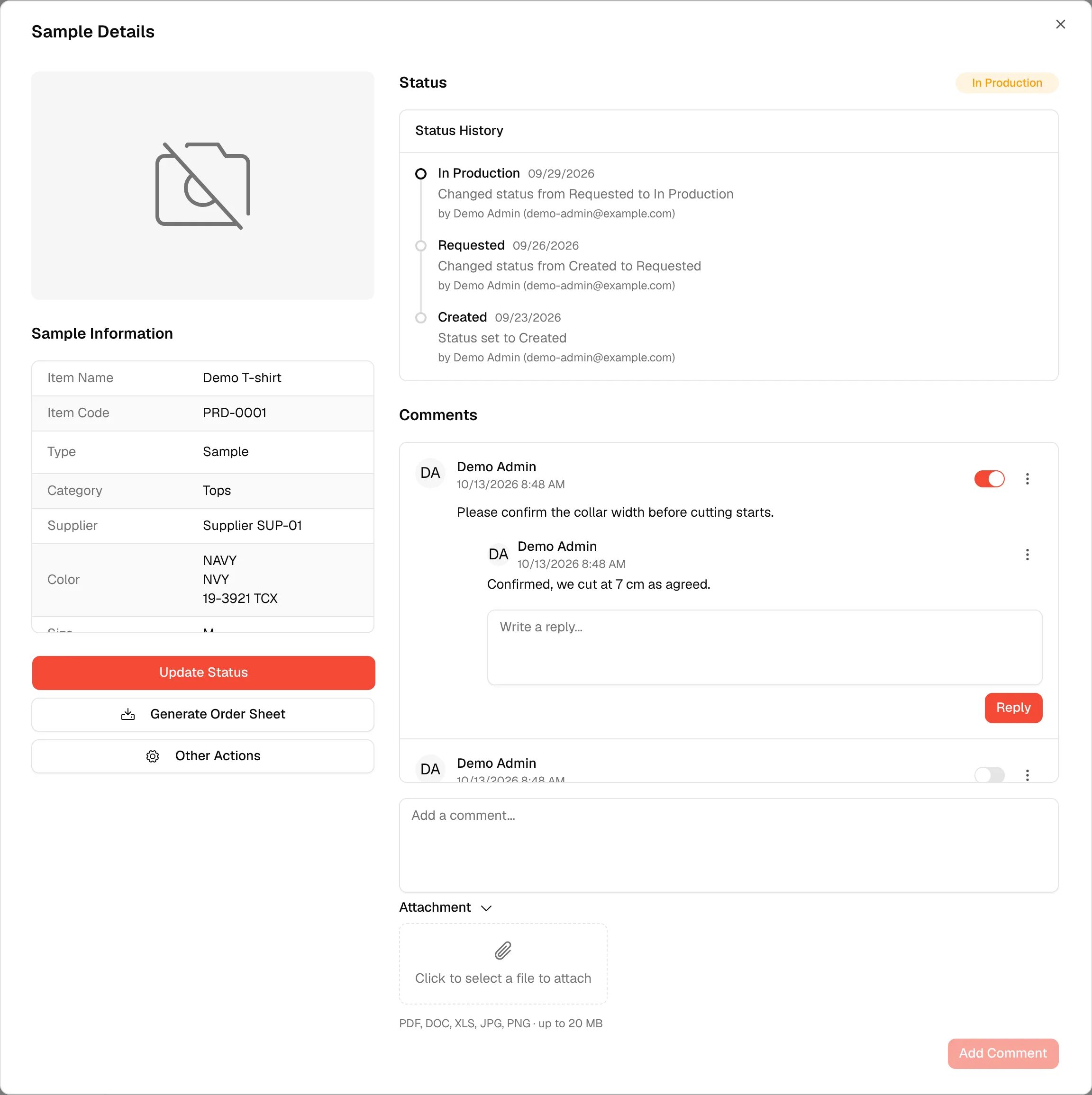 The Attachment area expanded under the comment box, with the file picker and the accepted file types