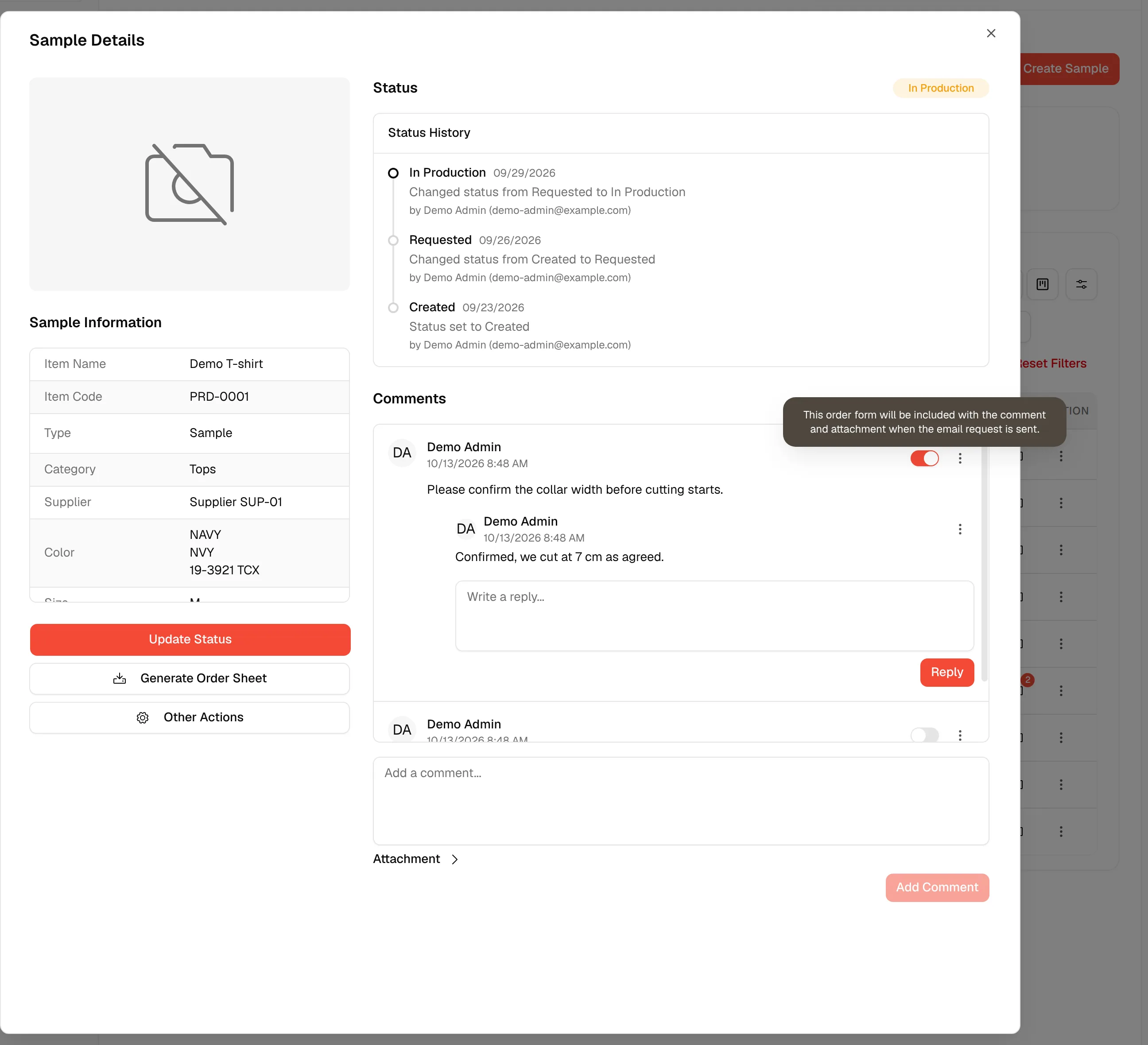 The switch on a comment with its tooltip about the order sheet email