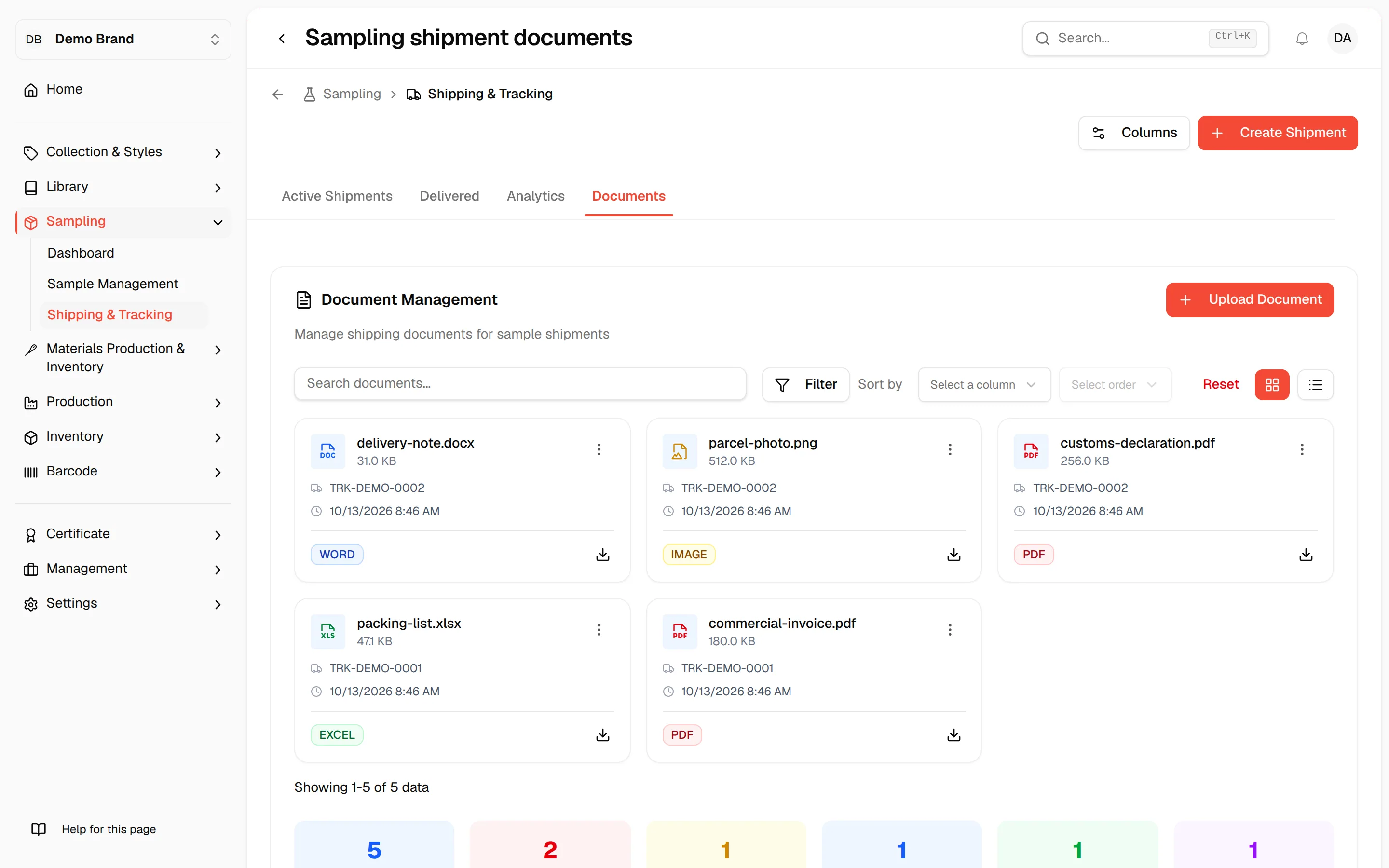The Documents tab with the Document Management card, the filter bar and the document cards