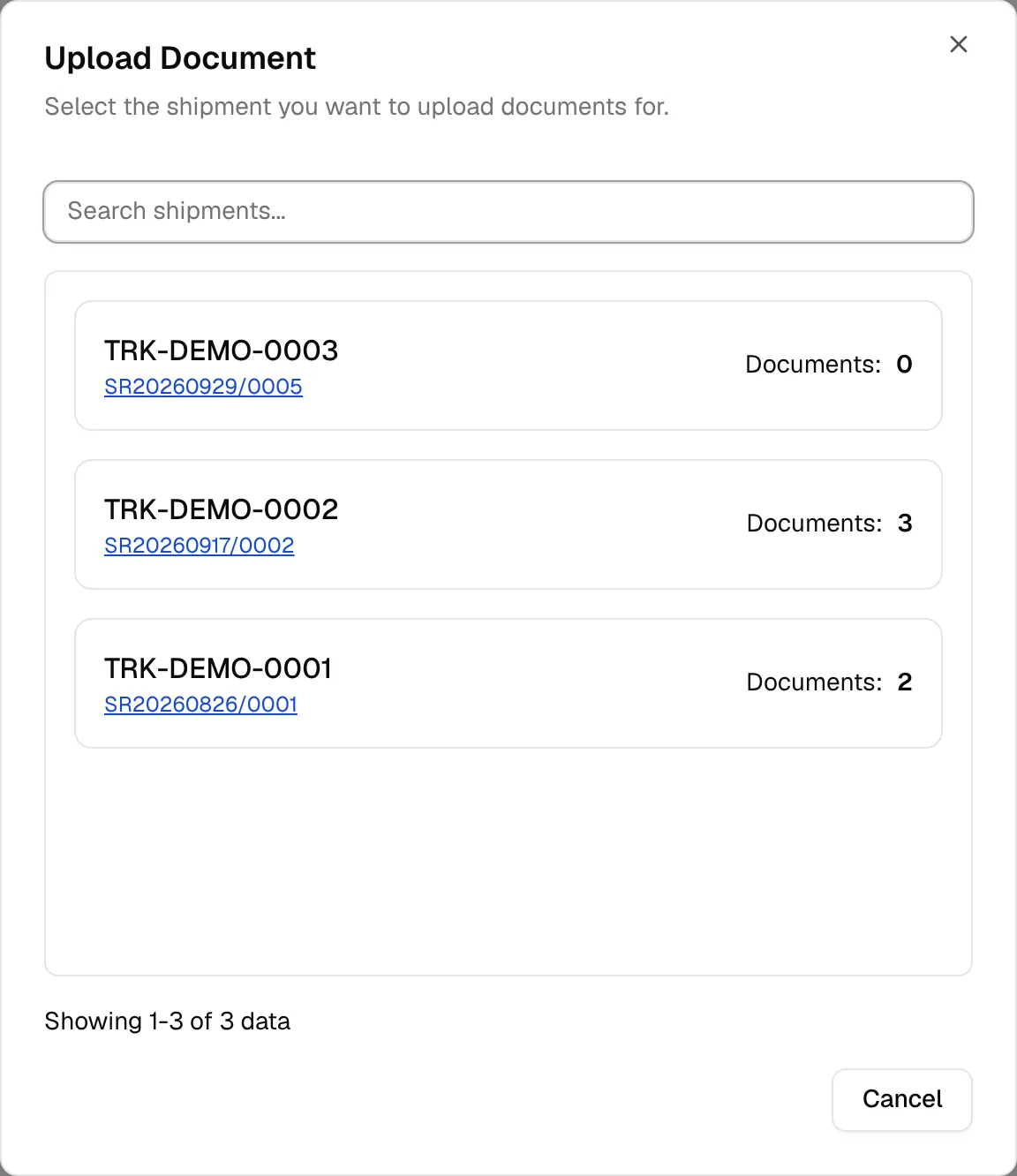 The Upload Document window listing the shipments, with the search field above them