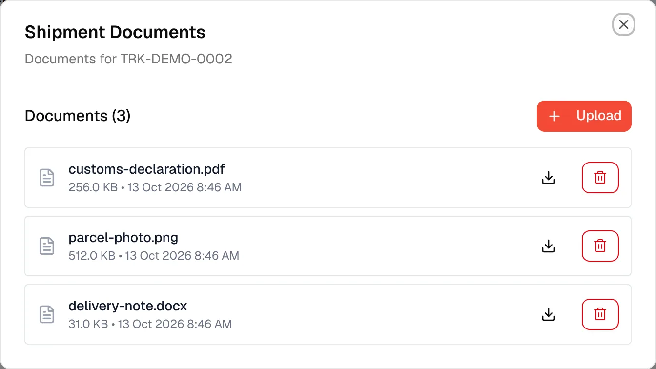 The Shipment Documents window of one shipment with its documents and the Upload button