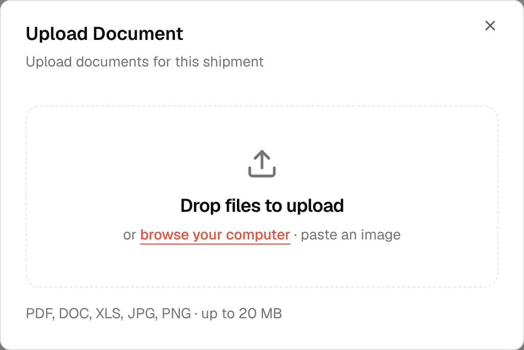 The Upload Document window with the drop area and the accepted file types