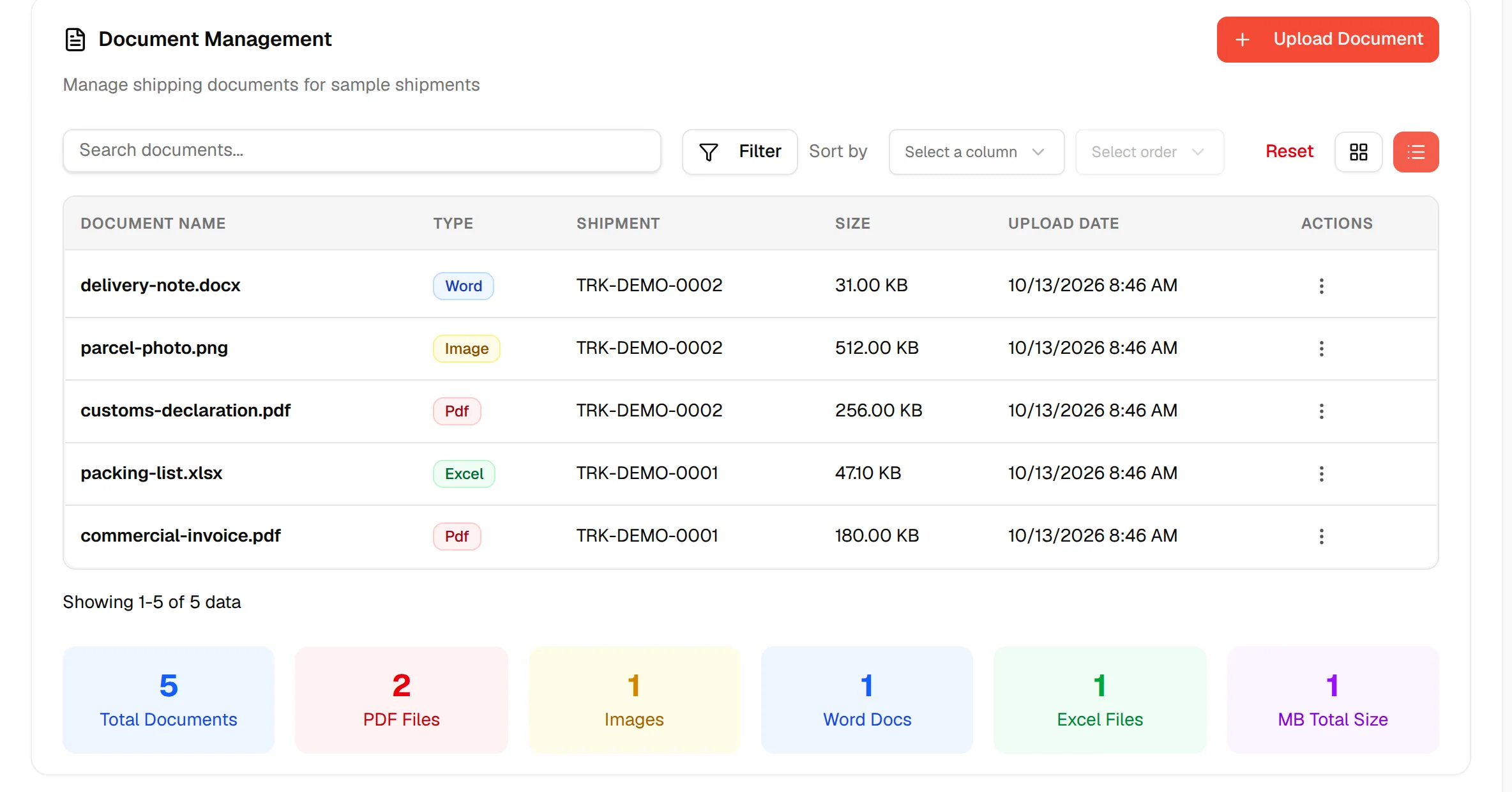 The table view of the documents with the columns Document Name, Type, Shipment, Size, Upload Date and Actions