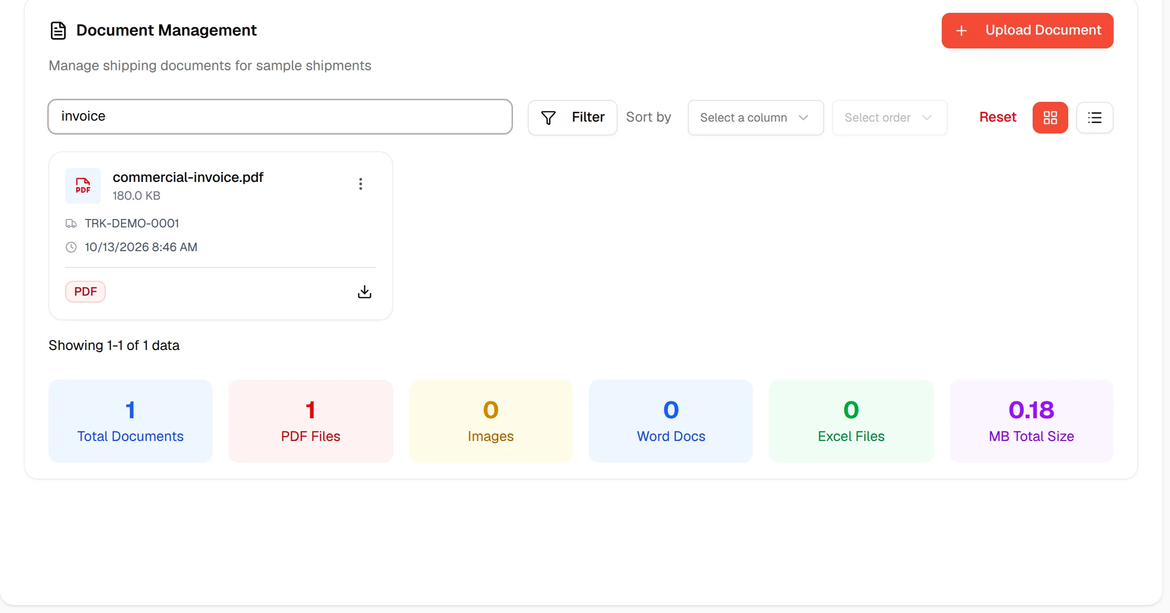 A search for invoice leaves only the commercial invoice
