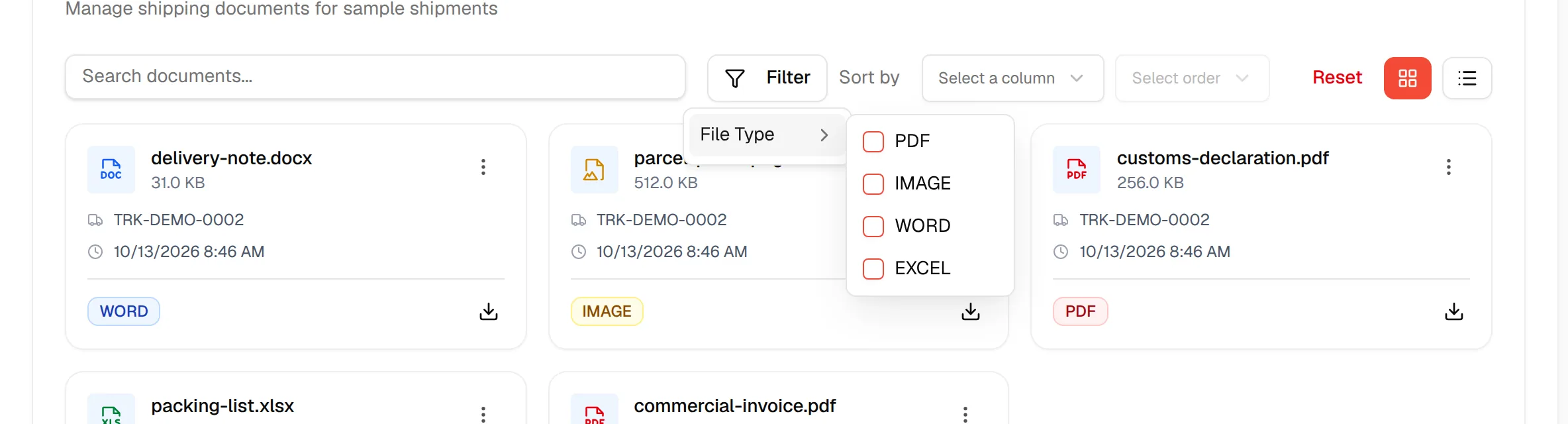 The filter menu open on File Type with PDF, Image, Word and Excel
