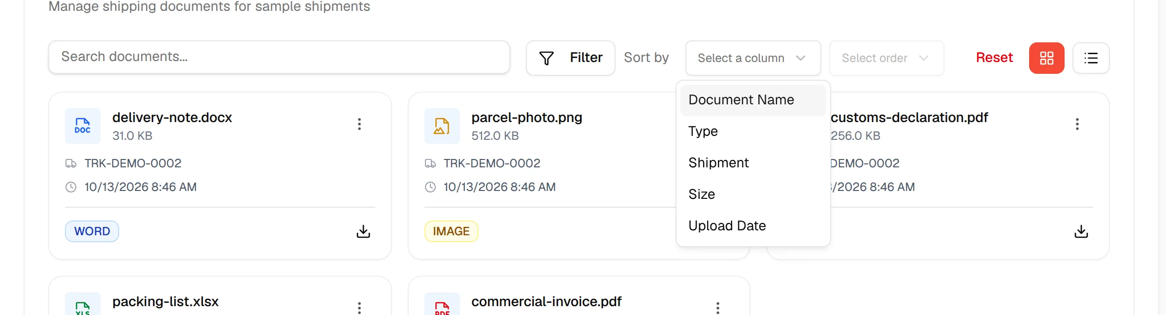 The Sort by list open, next to the Reset button