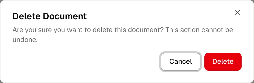 The Delete Document window warning that the action cannot be undone