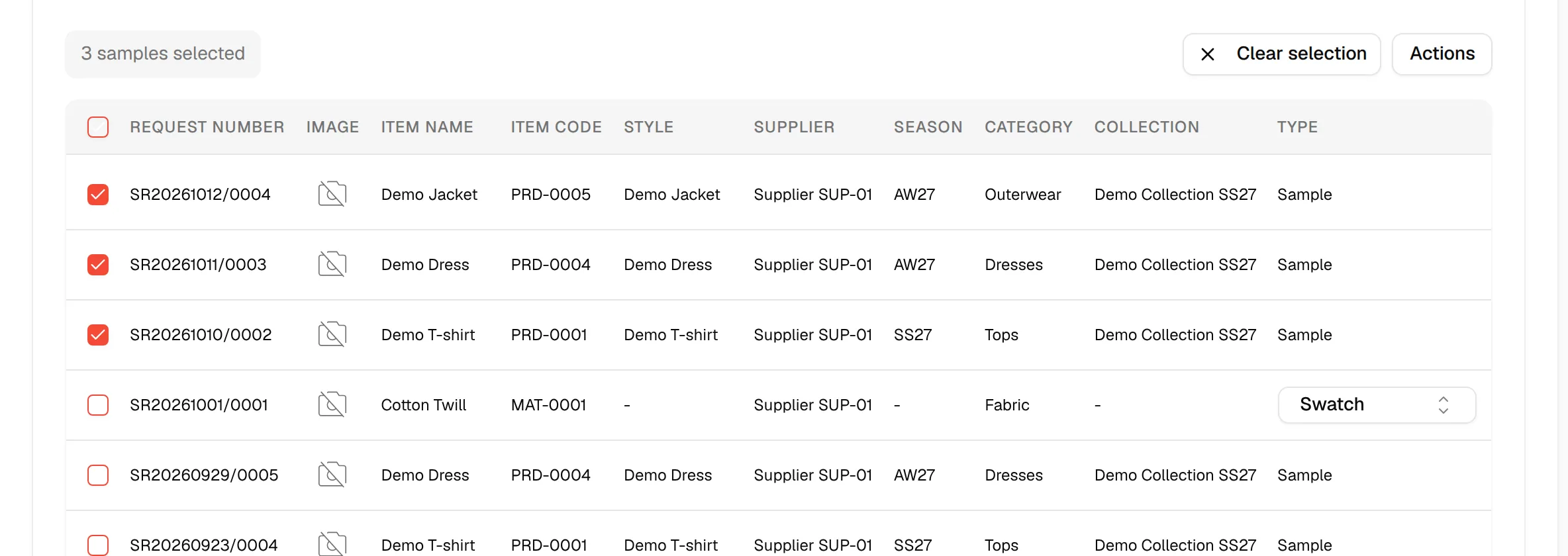 Three rows of the table checked, with the check box in the table header above them