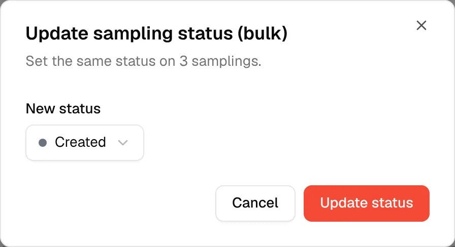 The Update sampling status (bulk) window with the New status dropdown