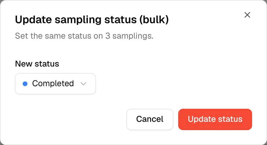Completed chosen as the new status, with the Update status button ready