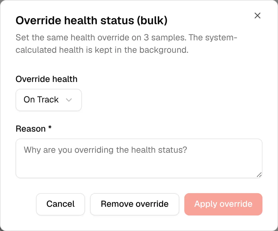 The Override health status (bulk) window with the system-calculated health kept in the background