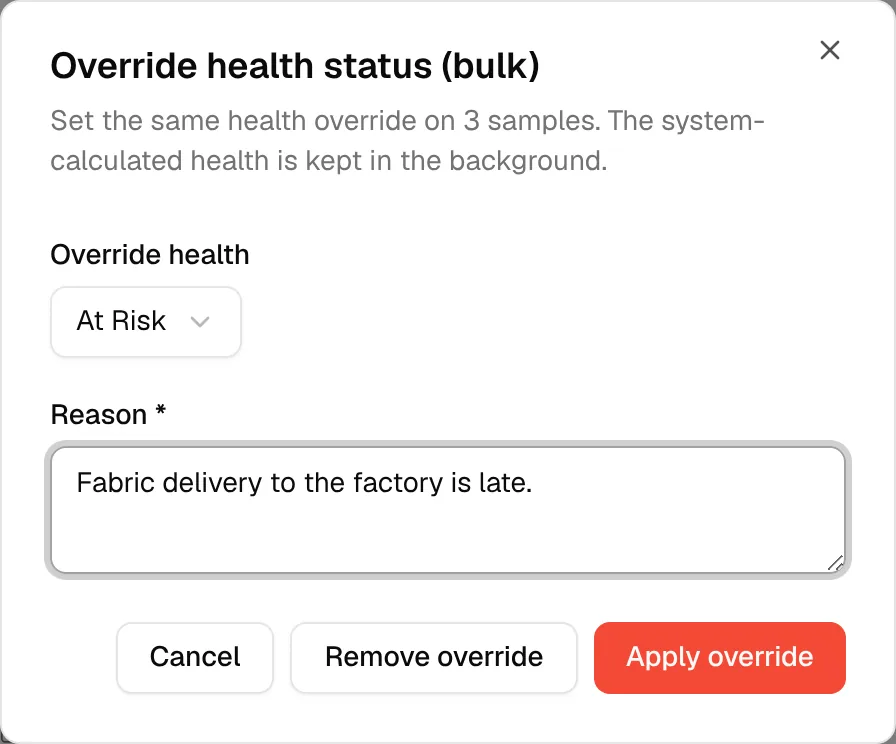 A reason written and the Apply override button active