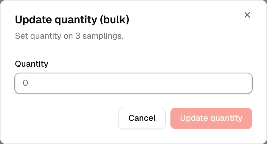 The Update quantity (bulk) window naming how many samples will change