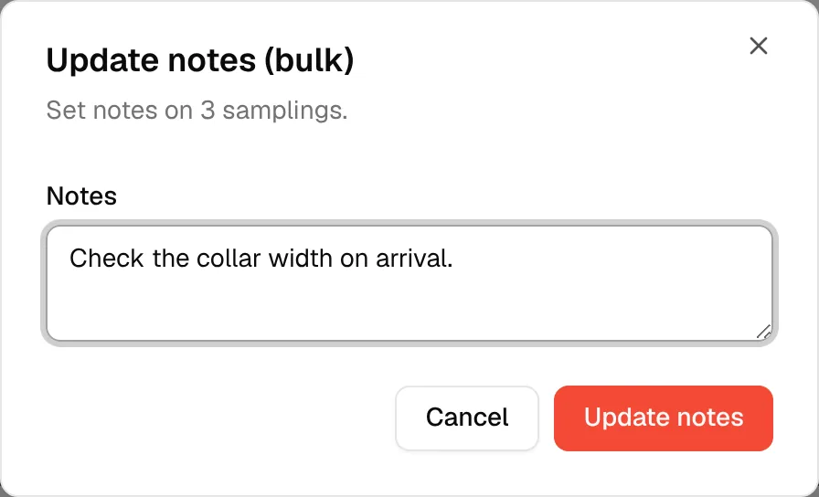 The Update notes (bulk) window with a note typed and the Update notes button at the bottom