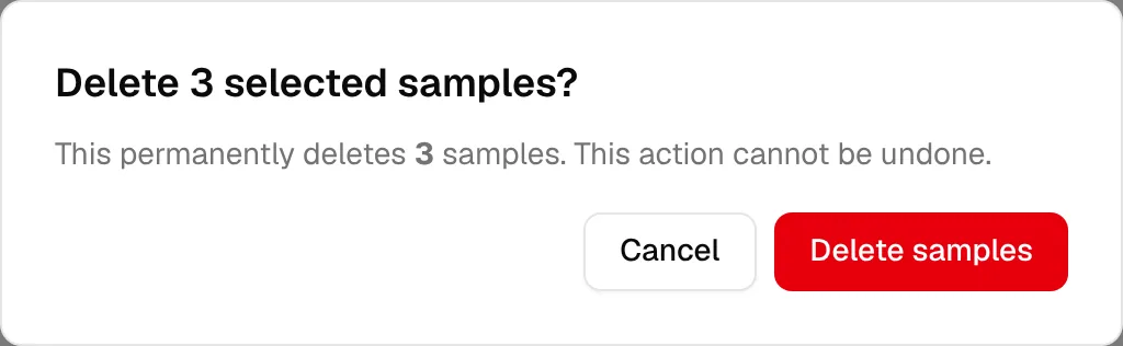 The window asking Delete 3 selected samples? with Cancel and Delete samples
