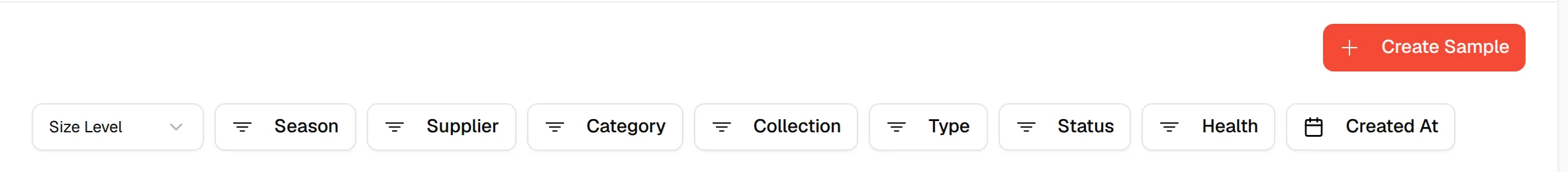 The filter bar with the level dropdown and the Season, Supplier, Category, Collection, Type, Status, Health and Created At filters