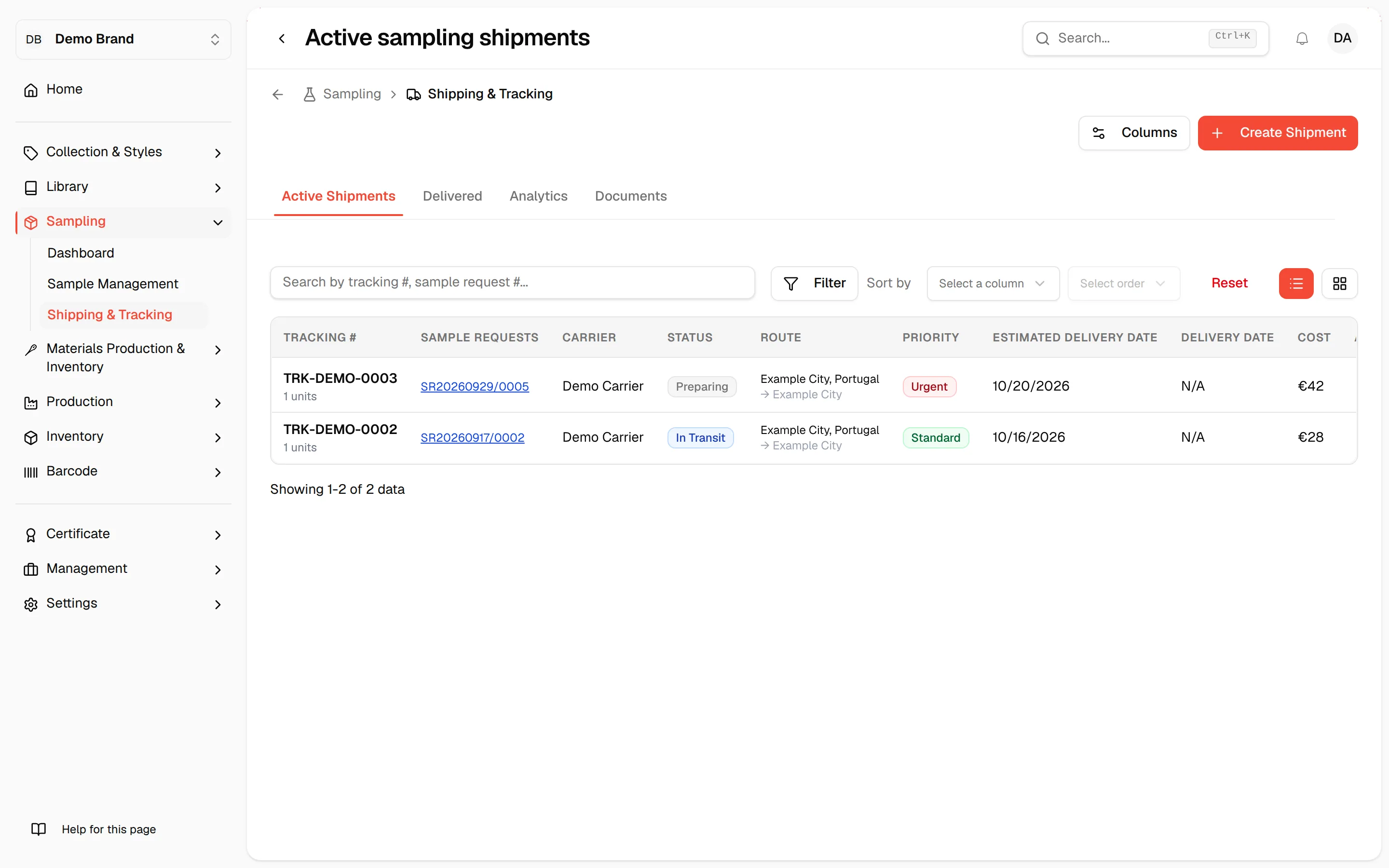 The Active Shipments tab with the Columns and Create Shipment buttons at the top right