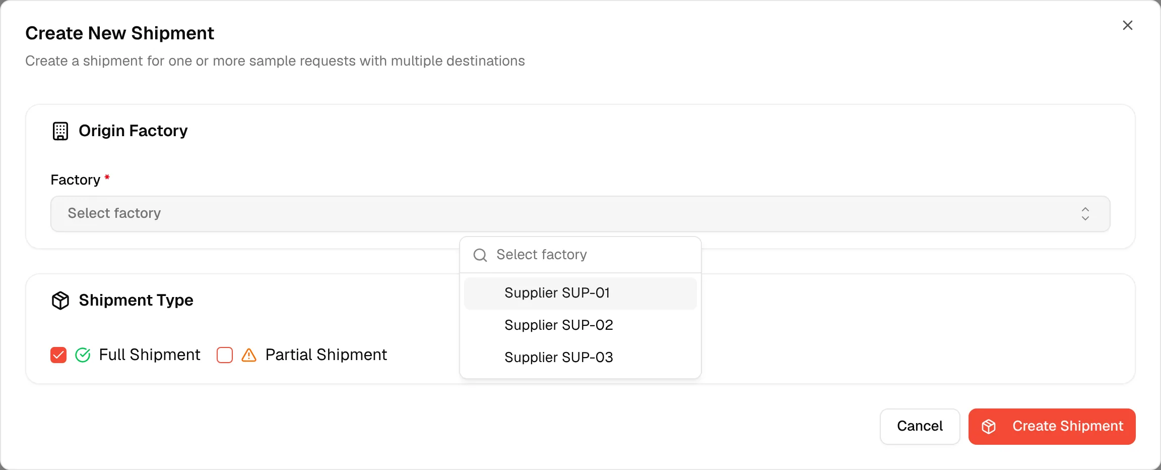 The Factory dropdown open with the factories to choose from