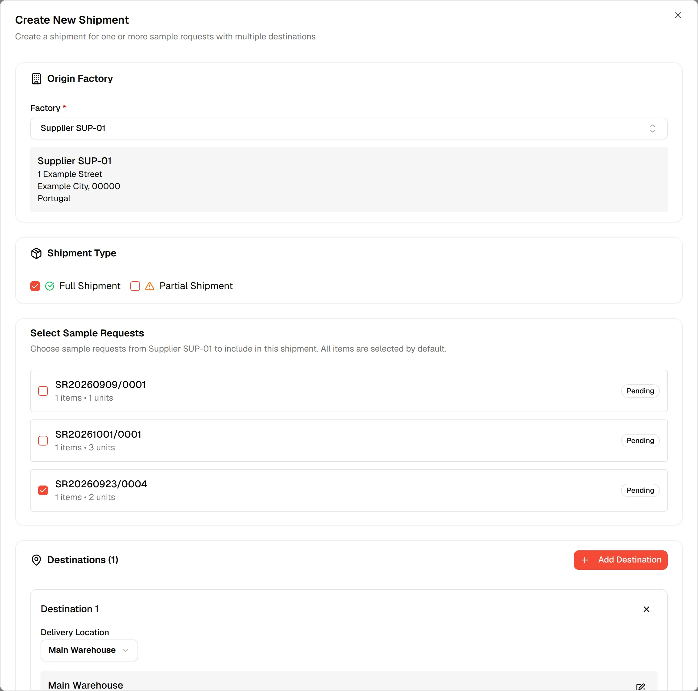 The Destinations section with a Destination 1 card and its Delivery Location already selected