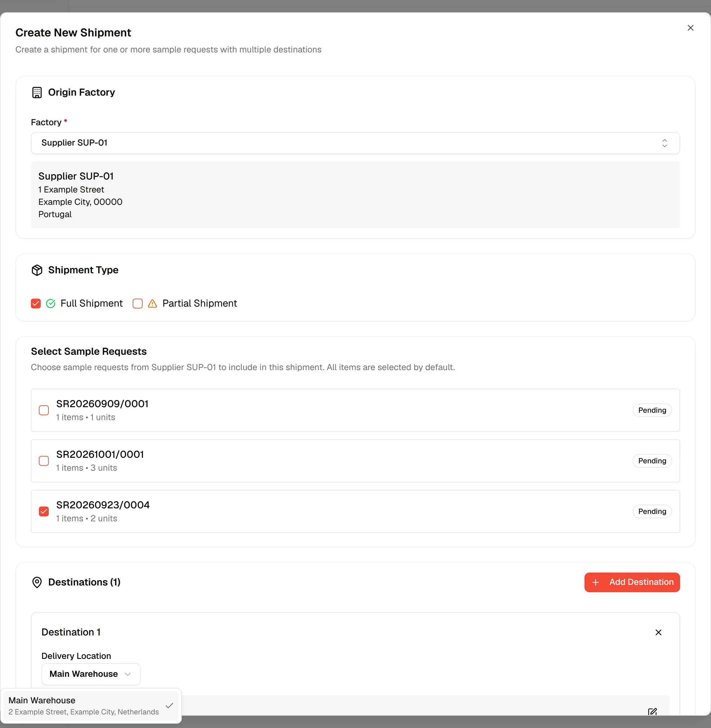 The Delivery Location dropdown of the destination open with the saved warehouses