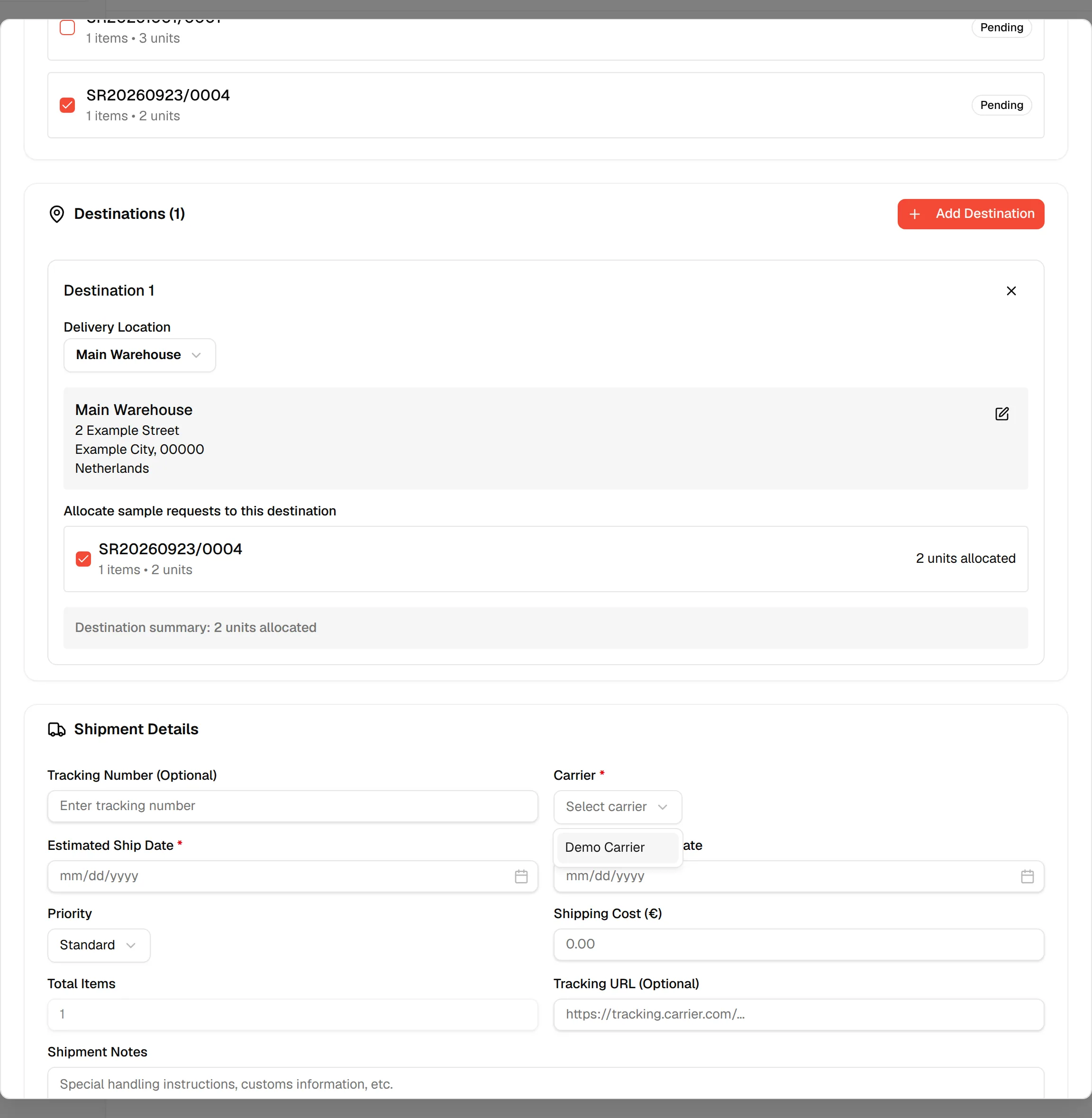 The Carrier dropdown open with the carriers you set up