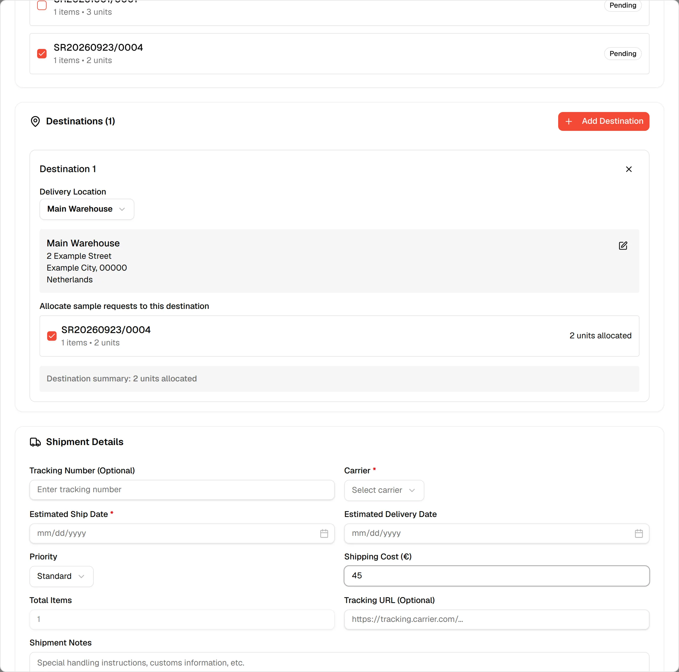A cost typed in Shipping Cost, next to the read-only Total Items