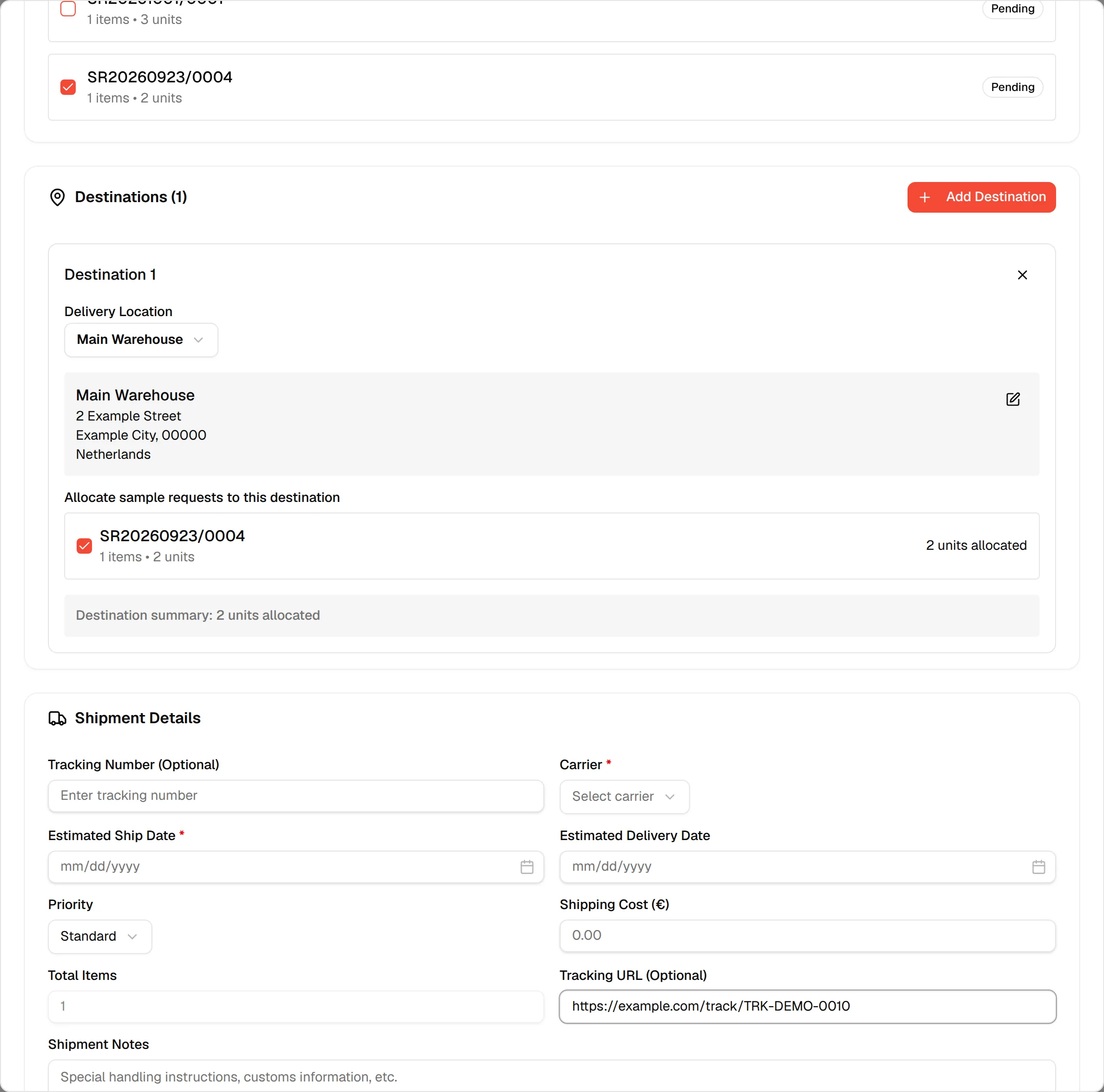 The optional Tracking URL field filled with a link