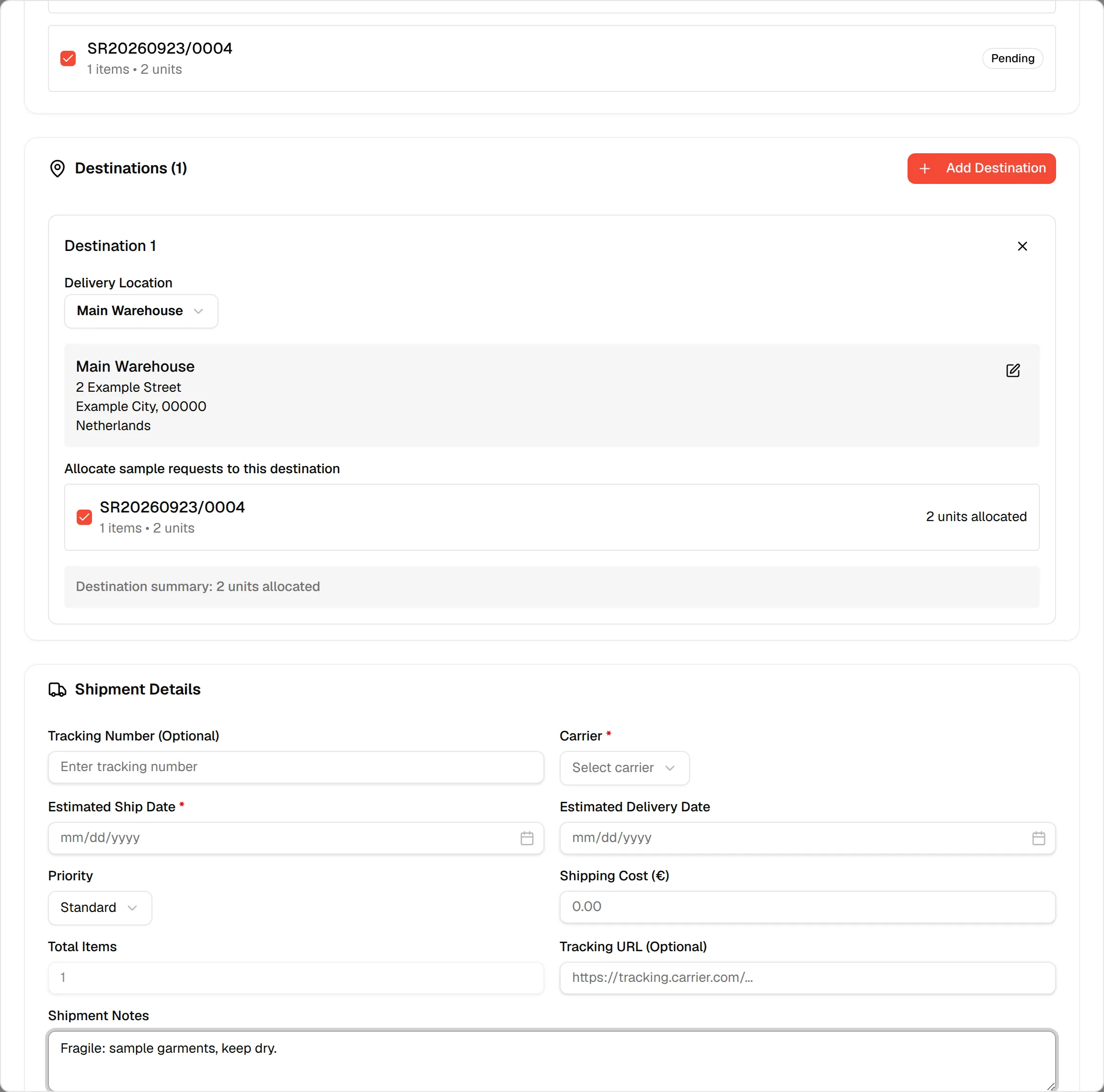 Special handling instructions typed in Shipment Notes