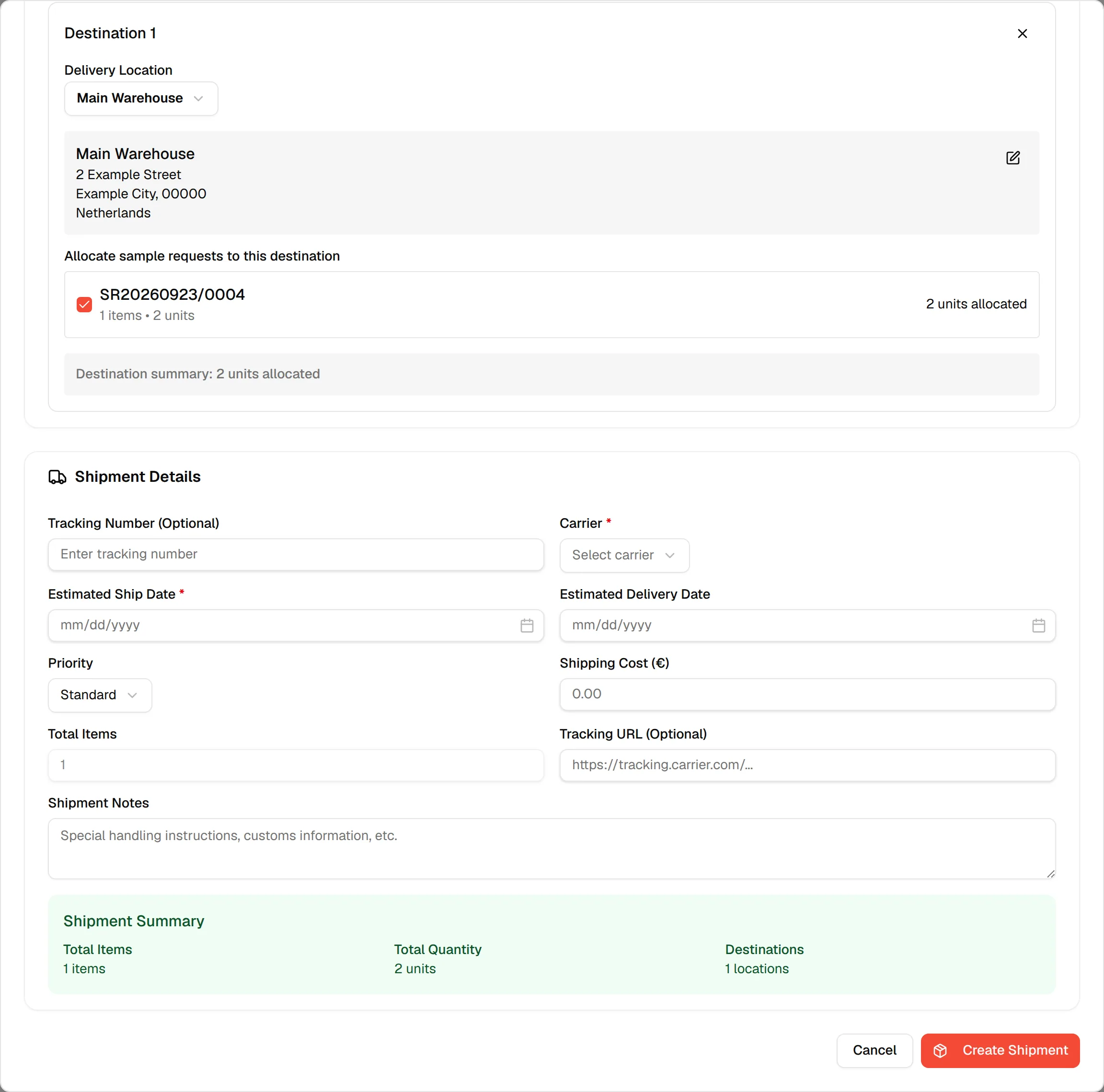 Shipment Summary with the total items, the total quantity and the number of destinations