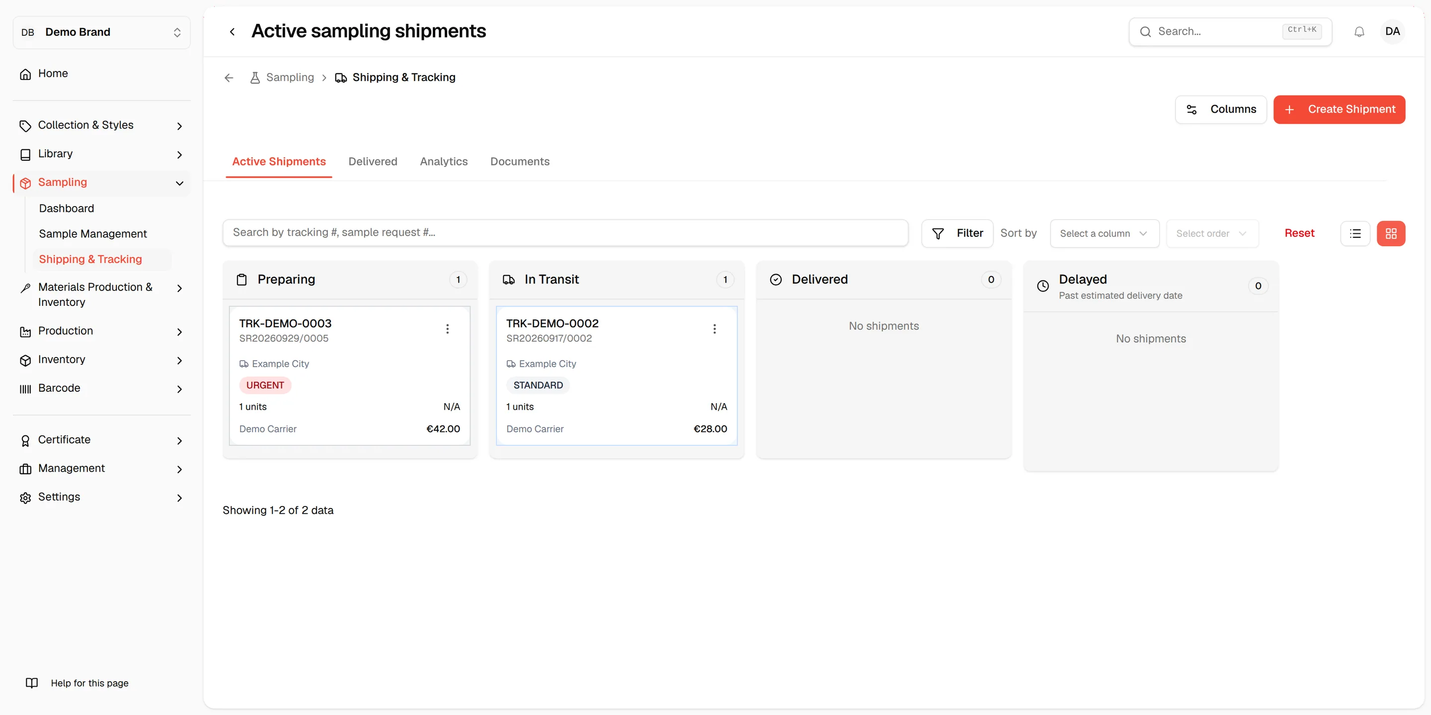 The kanban board with the columns Preparing, In Transit, Delivered and Delayed