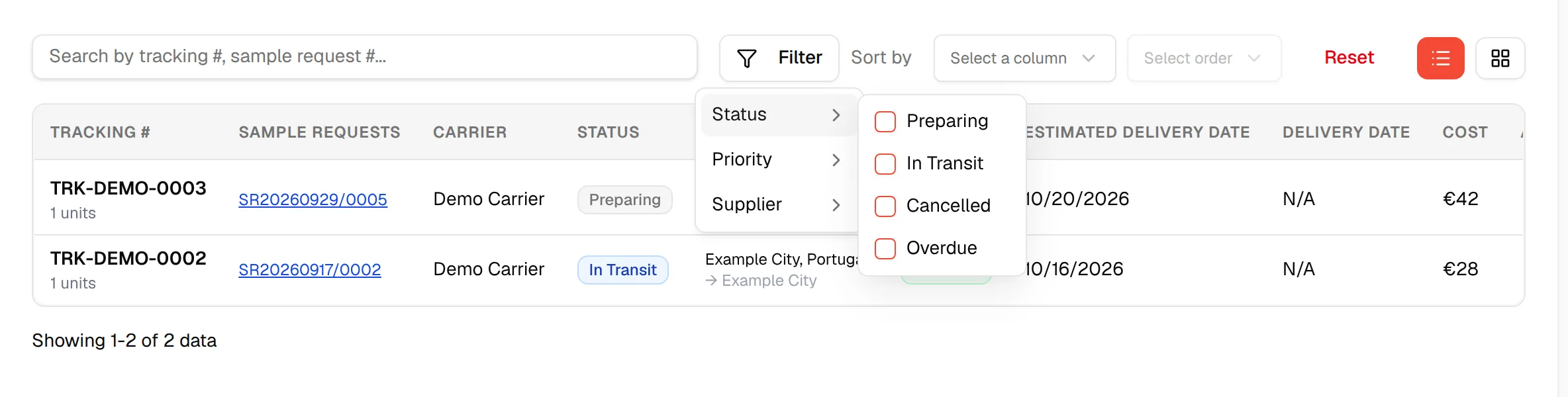 The filter menu with Status, Priority and Supplier