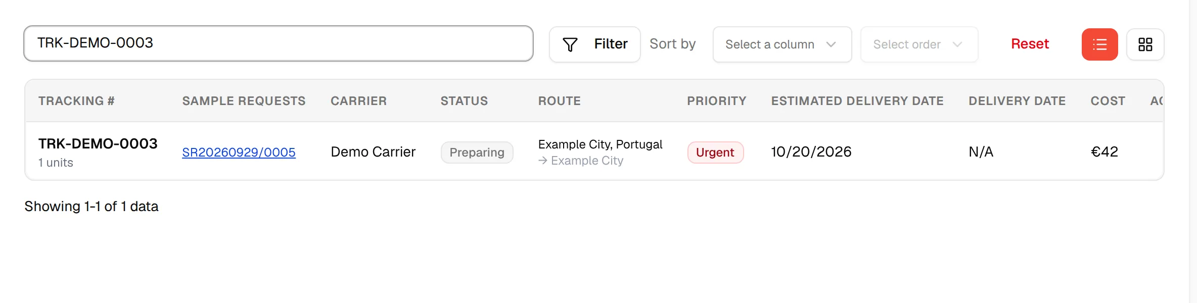 The Reset button at the right of the toolbar, after a search has narrowed the list
