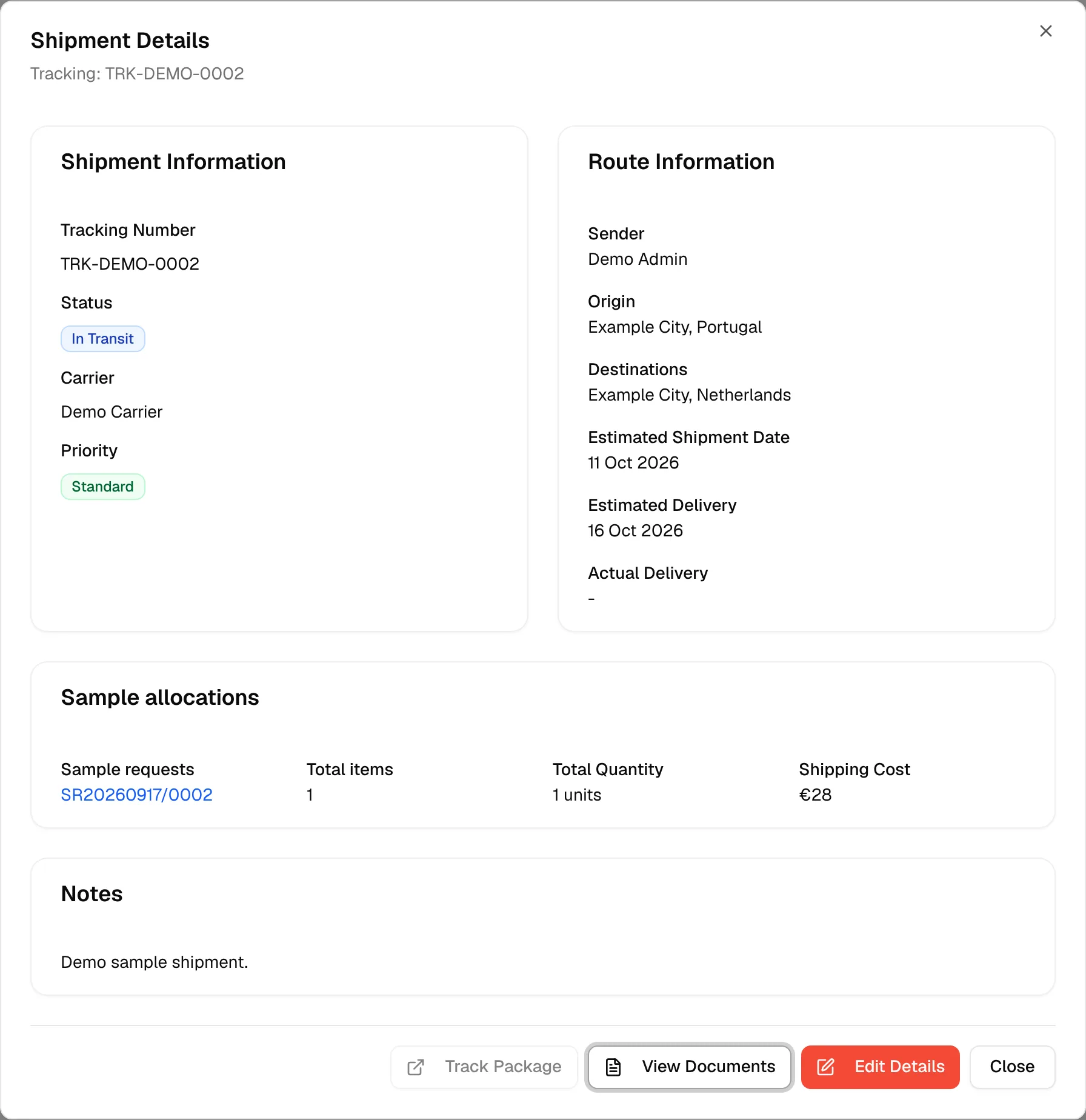 The Shipment Details window with the shipment, route and sample allocation information