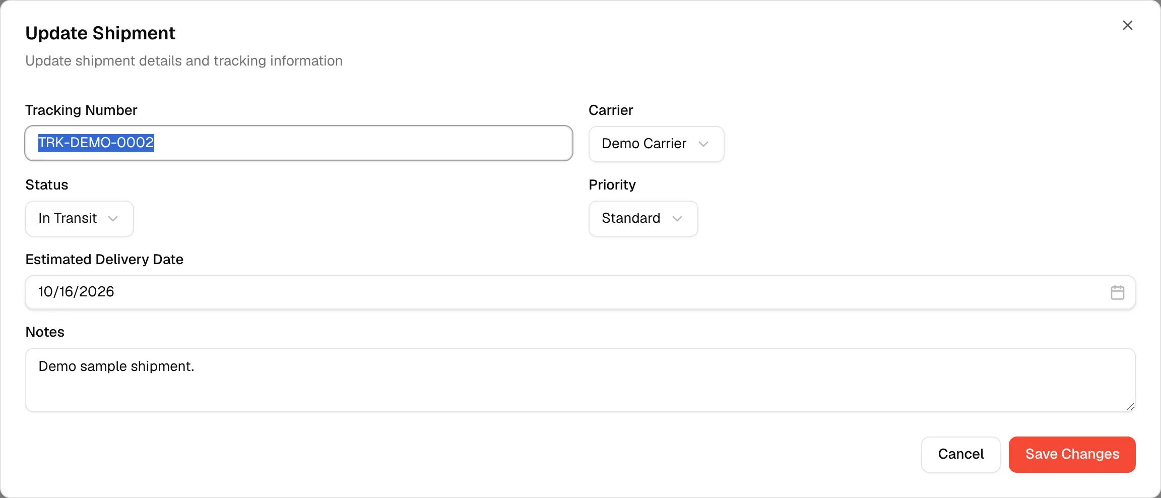 The Update Shipment window with the tracking number, carrier, status and priority