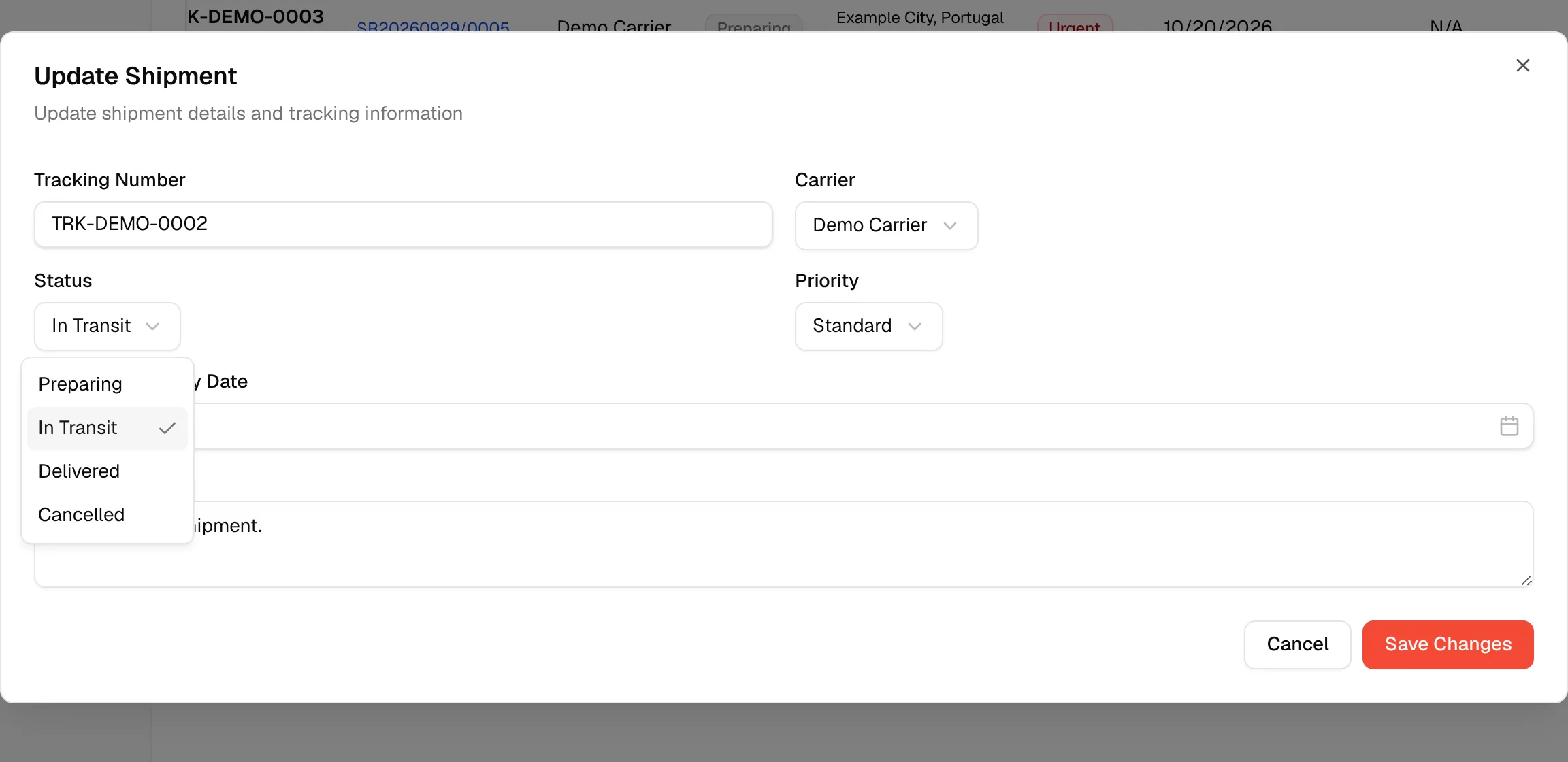 The Status dropdown open with Preparing, In Transit, Delivered and Cancelled