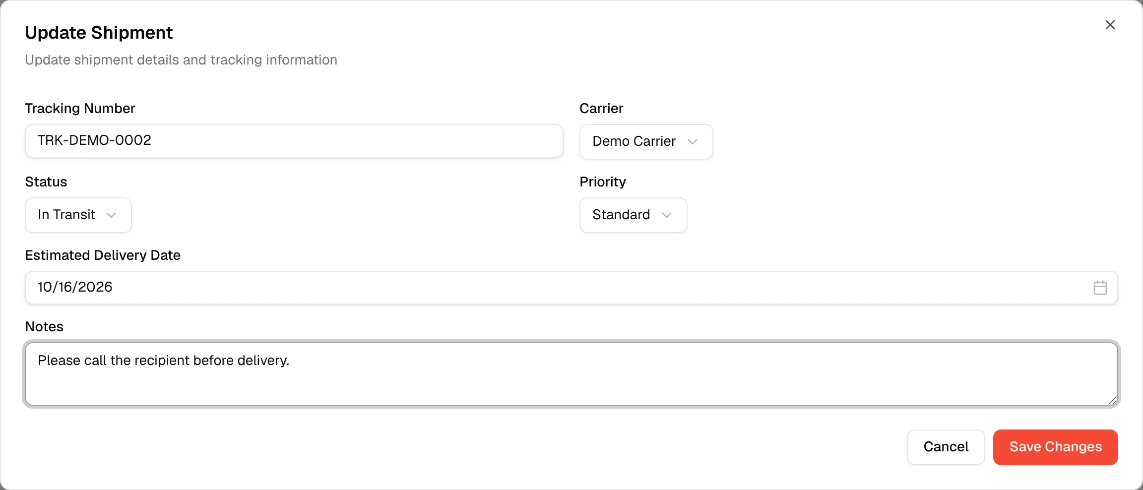 A note typed in Update Shipment, with Cancel and Save Changes at the bottom