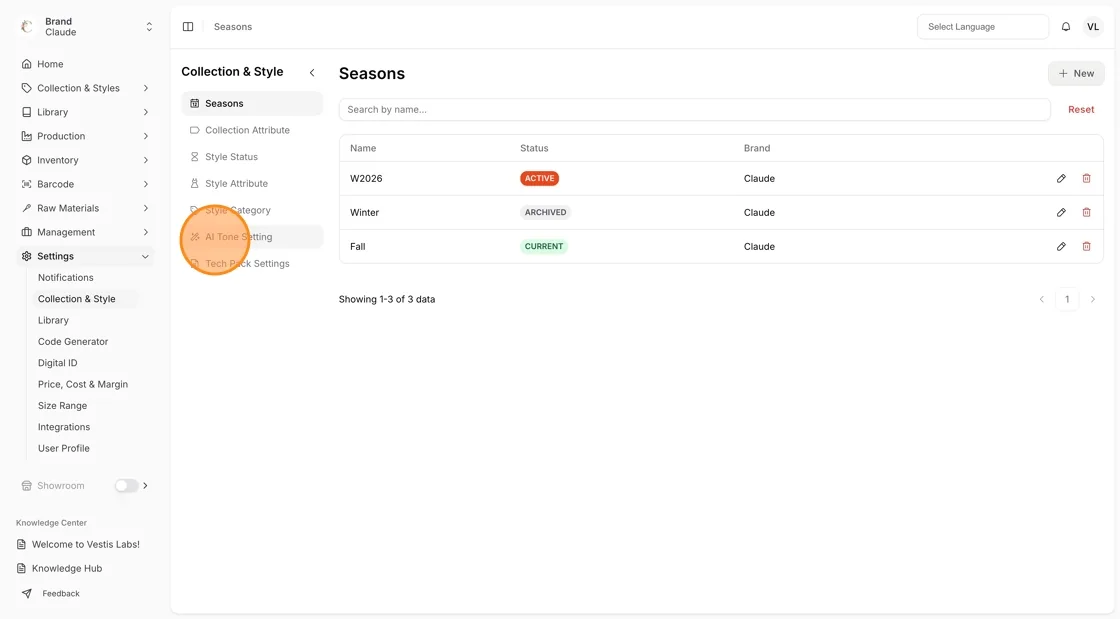 Navigate to Settings Collections & Styles.