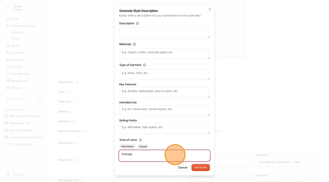 When creating a new style and generating an AI description, the saved tone of voice will automatically be filled in and used…
