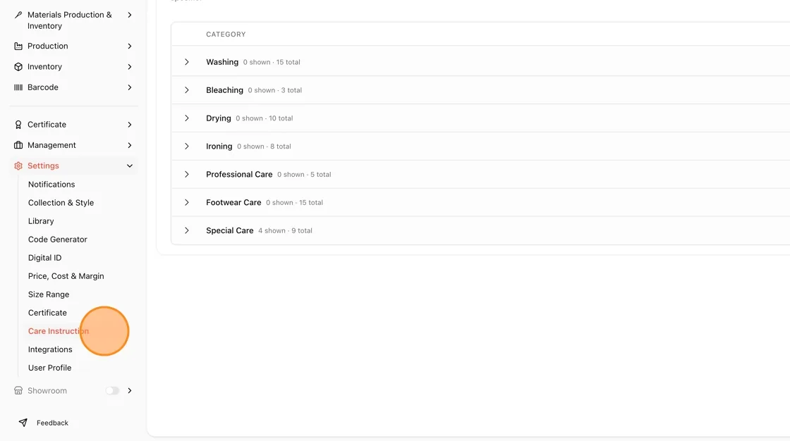 Navigate to Settings in the left bar menu, select Care Instruction from the dropdown menu under Settings.