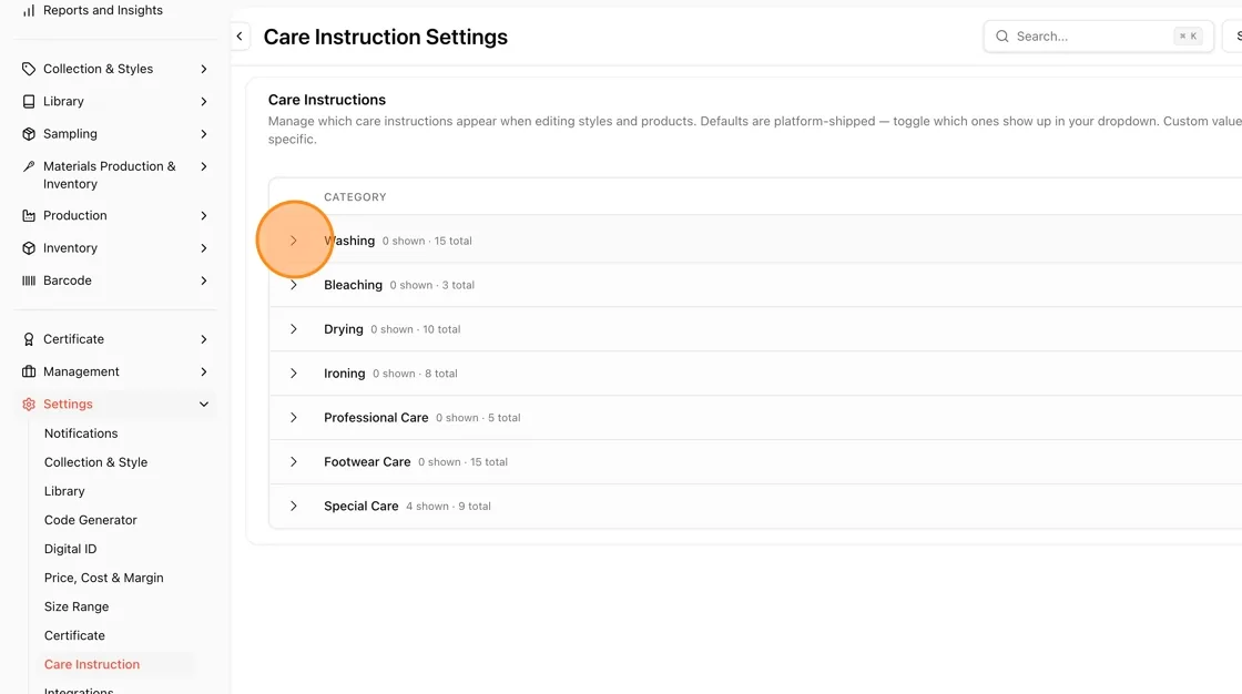 Click the arrow icon next to a category name to expand and view all instructions in that category.