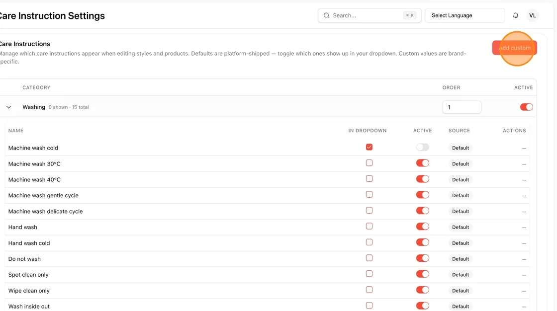 Click the "Add custom" button (red button, top right).