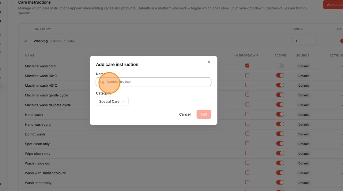 Name Field : Enter a descriptive name for the care instruction