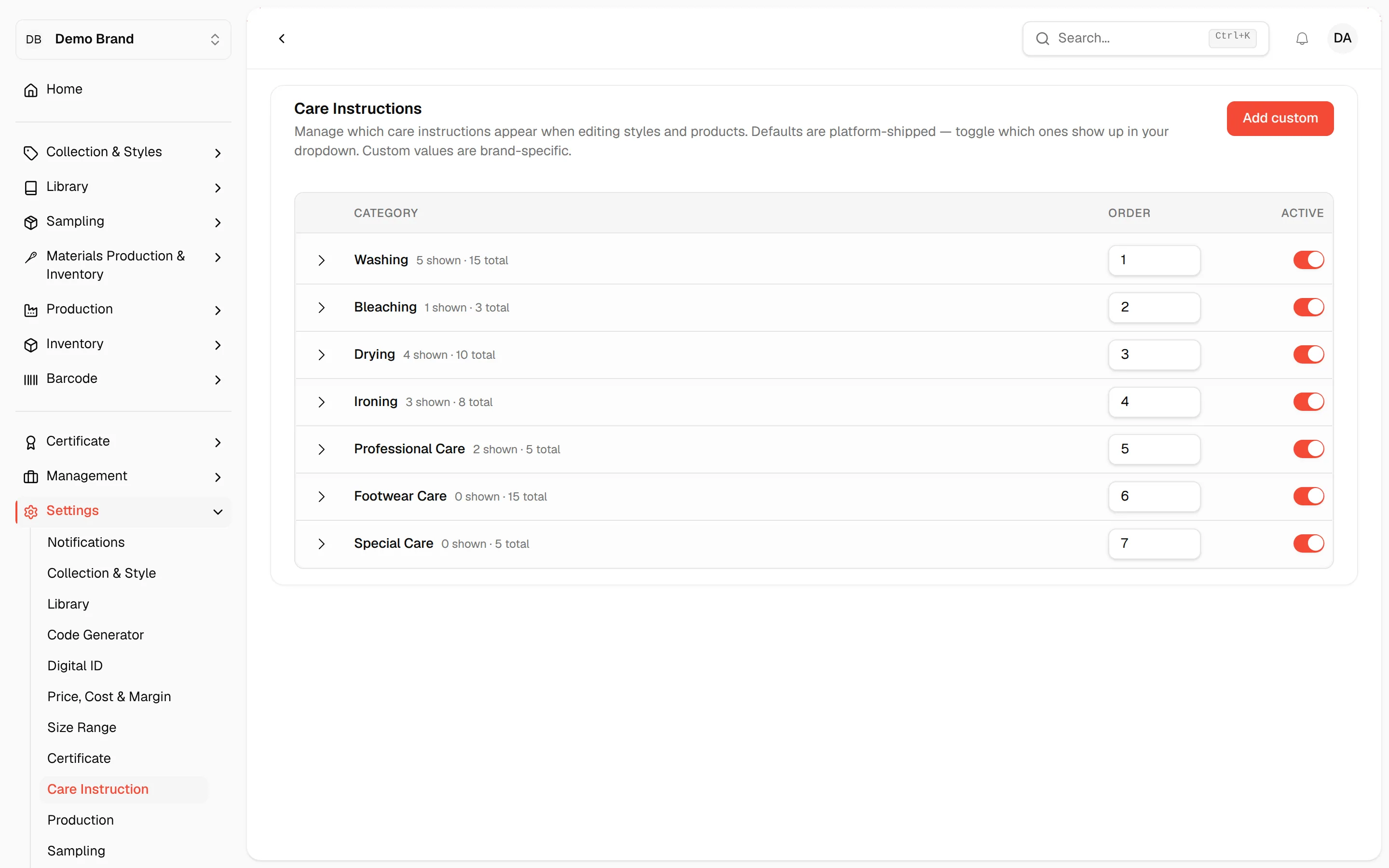 The Care Instructions settings page listing categories in a collapsible list
