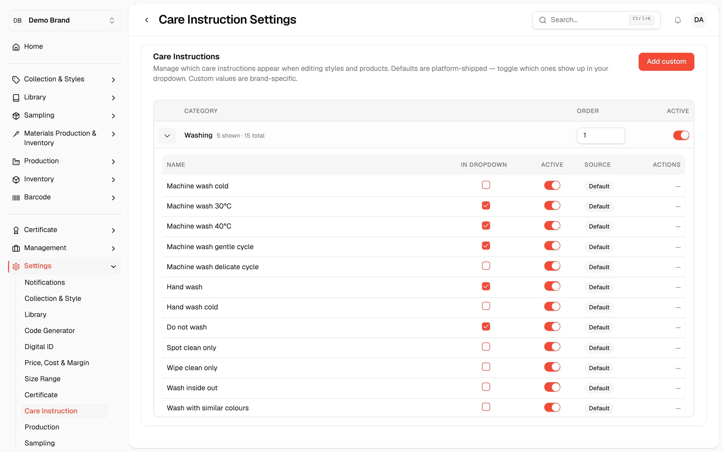 One care instruction category expanded to show its values with include checkboxes and active toggles