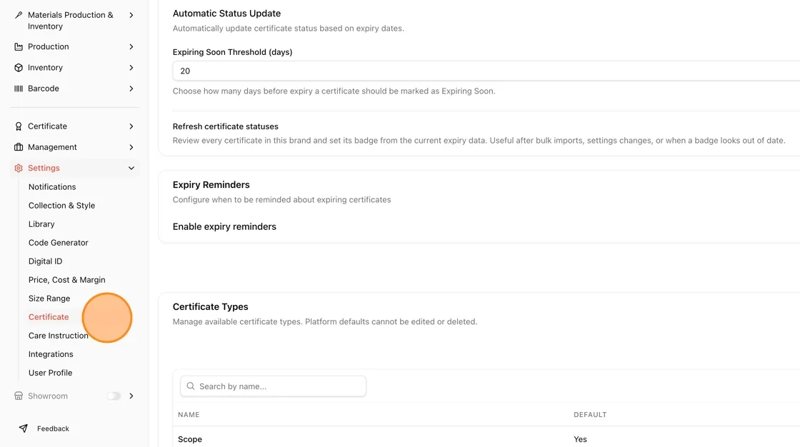 In the left sidebar, click Settings to expand the menu, then click Certificate.