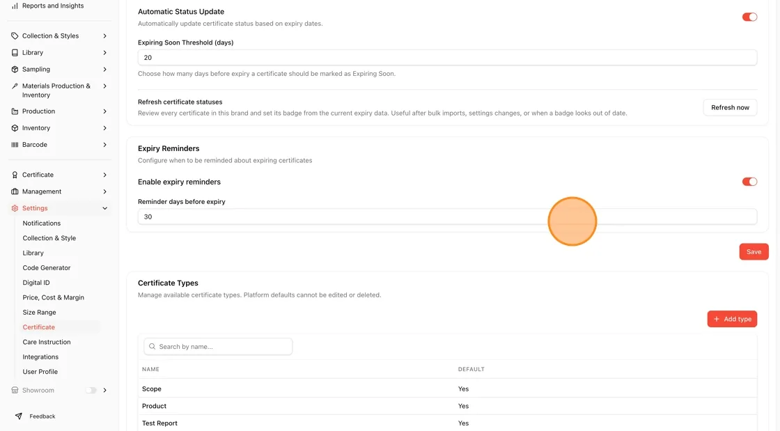Scroll to the Expiry Reminders section to configure when you want to be reminded about expiring certificates.