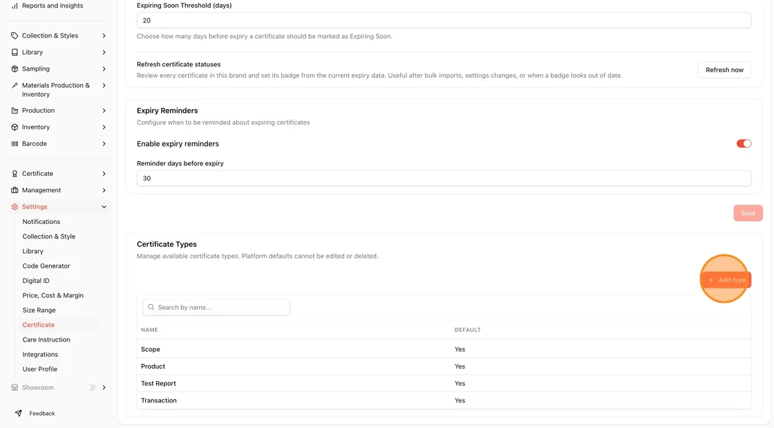 Click the + Add type button in the top-right of the Certificate Types section to create a new custom certificate type.