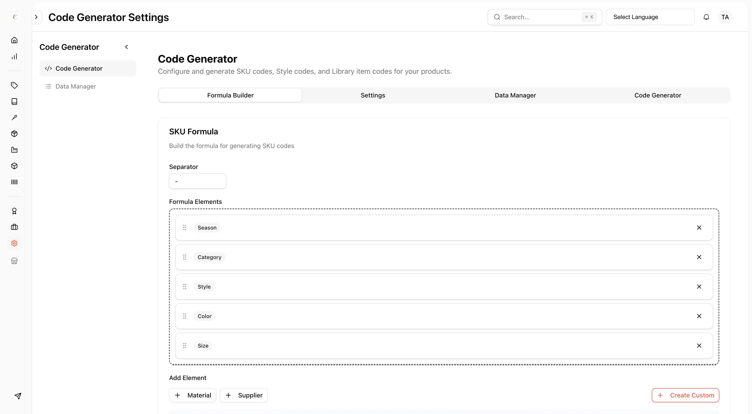 Configure the Code Generator by filling in all required formula elements to define how SKU codes will be structured.