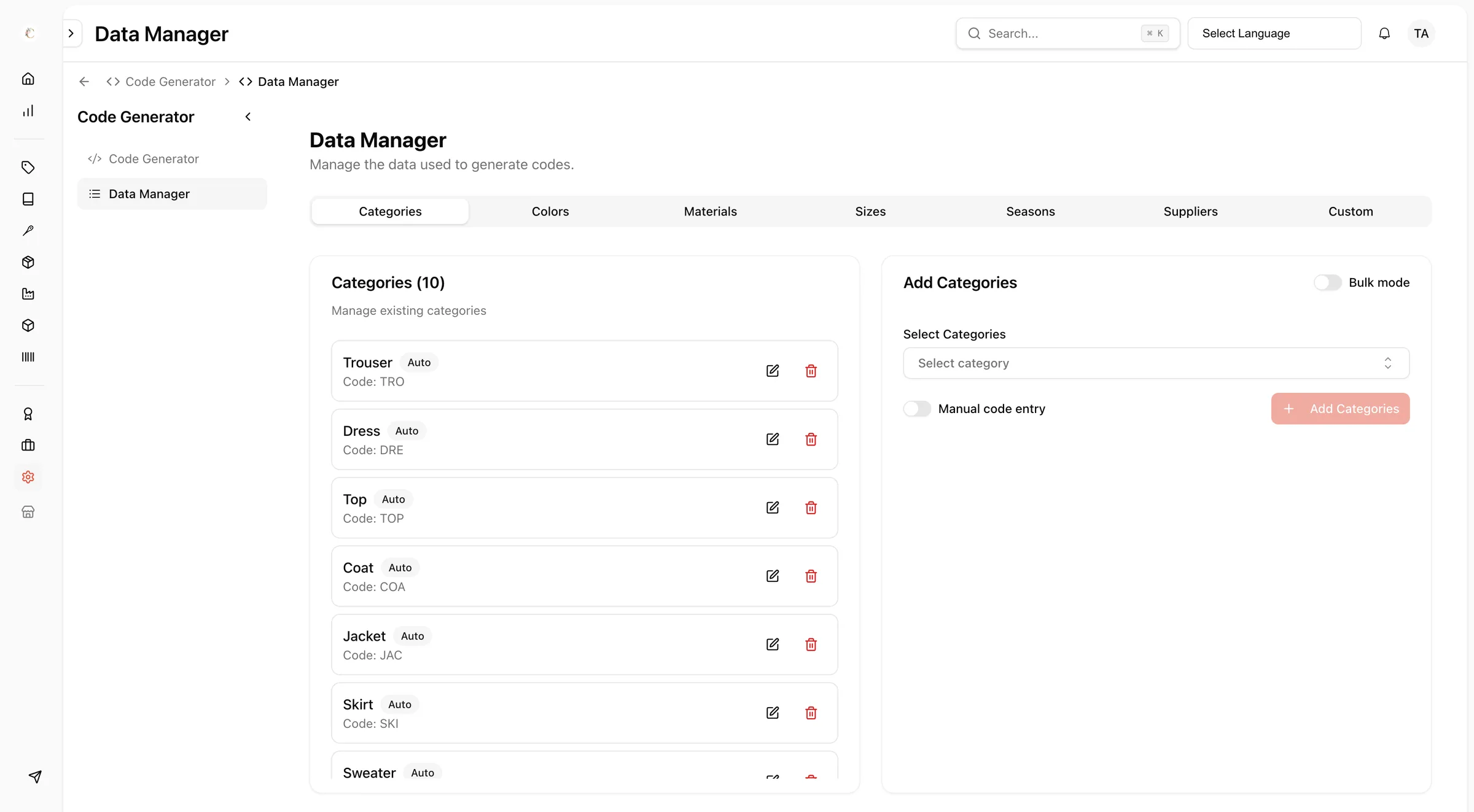 Ensure all reference data, such as categories, colors, materials, sizes, and seasons, are correctly set up in the Data…